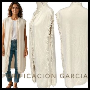 Purificacion Garcia Cream Long Line Open Front Sleeveless Fringe Cardigan (M/L
